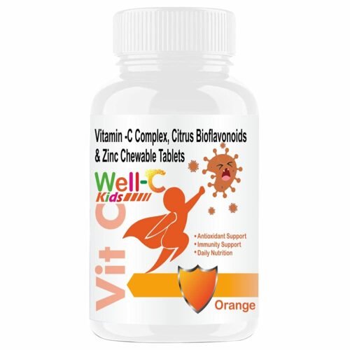 Well-C Vitamin C Tablets Immunity Booster Kids Zinc Supplements Growth Strength Strong Bones Sugar Free Orange Flavor Chewable Tablets 60