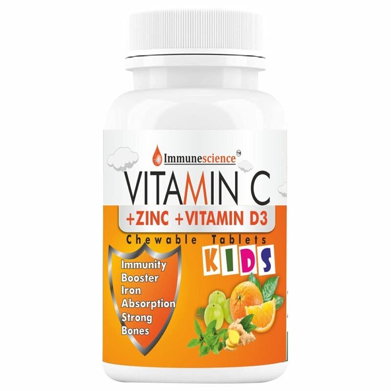 Immunescience Vitamin C Tablets For Kids with Zinc Supplements and Citrus Bioflavonoids Immunity Booster for Kid's Strength Energy Growth Strong Bones Chewable Tablet Sugar Free 60 (orange)