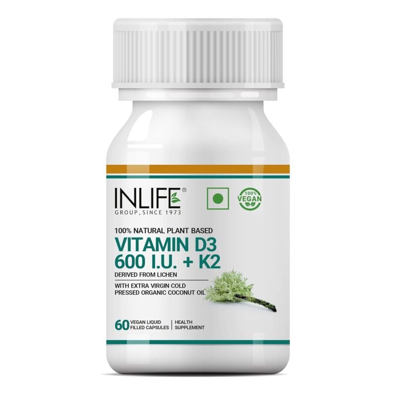 INLIFE Plant Based Vegan Vitamin D3 K2 Supplement Lichen Source D3