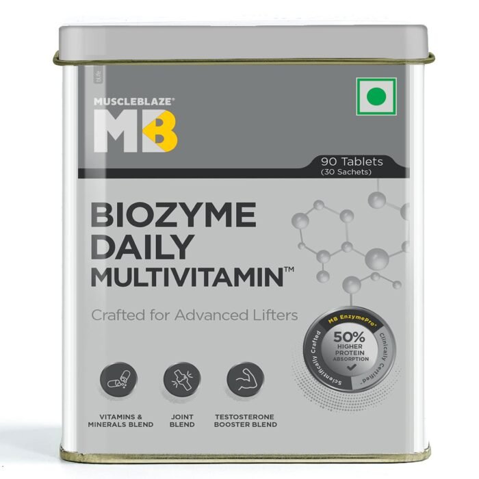 MuscleBlaze Biozyme Daily Multivitamin 90 Tablets with US Patent Filed EAF Vitamins and Minerals T Booster Joint Blend for Higher Energy and Improved Performance Levels