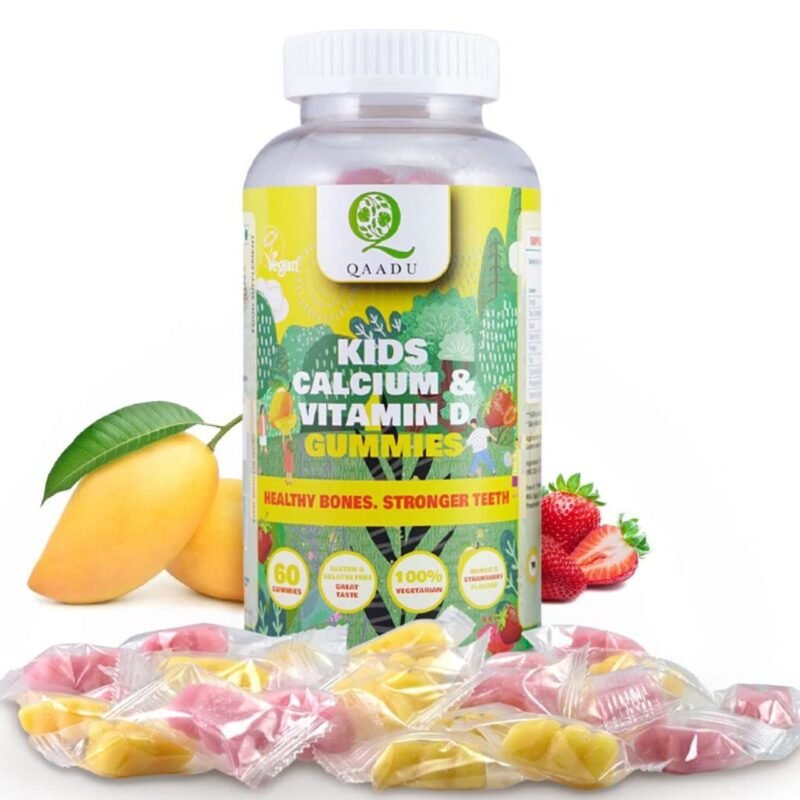 QAADU Kids Calcium & Vitamin D Gummy - 60 Gummies - Healthy Bones, Stronger Teeth, Growth - Vegan Mango & Strawberry Flavor - Certified Vegan by the Vegan Society of the UK