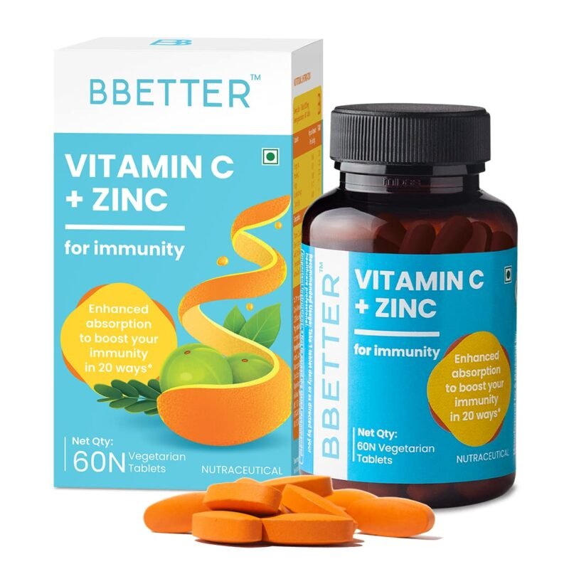 BBETTER Vitamin C Zinc Tablets Immunity Skin health High strength formula Amla Extract Orange Peel Extract Alfalfa powder 60 Veg Tablets
