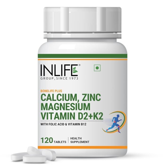 INLIFE Calcium Magnesium Zinc Vitamin D K2 Folic Acid & B12 Vegetarian Tablets - Comprehensive Bone & Joint Support Supplement for Women and Men - 120 Tablets