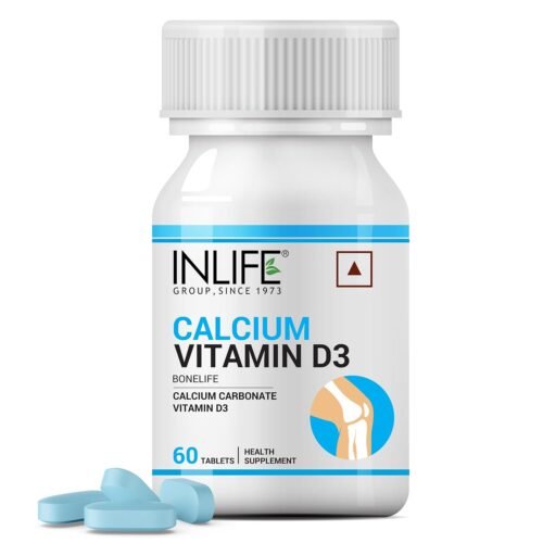 INLIFE Calcium 500 mg Vitamin D3 400 IU Supplement - 60 Tablets for Men and Women.