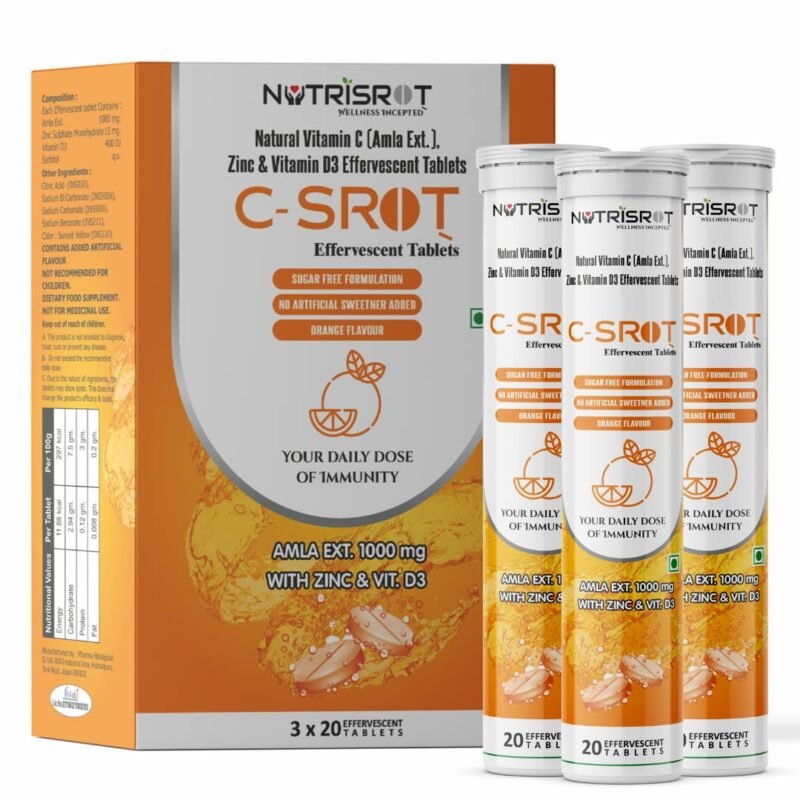 NUTRISROT̖ C-SROT̖ Effervescent Tablets Vitamin C Natural Amla Extract Zinc Vitamin D3 Antioxidant Immunity Booster Skincare Orange Flavour 60 tablets