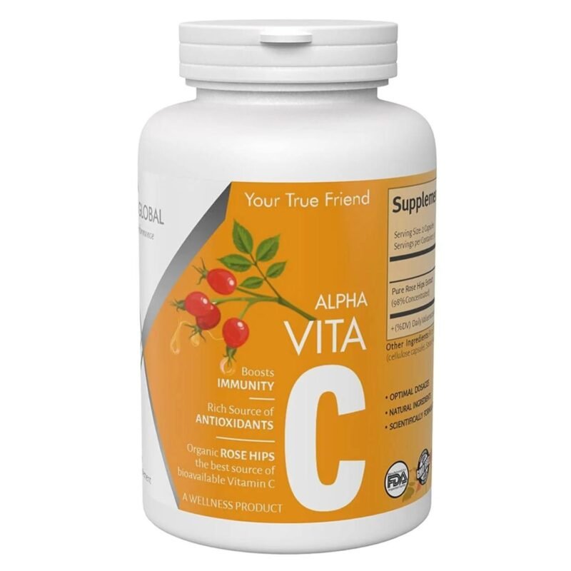 Alpha Vita C 1000 mg Vitamin C with Pure Organic Rose Hips Boosting Antioxidant Power, Immune Support, Skin Anti-Ageing, and Joint Health – Non-GMO, FSSAI Approved, 30 Servings for Overall Well-Being
