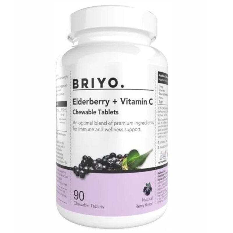 Briyo Elderberry Plus Vitamin C 90 Chewable Tablets for Daily Immune Support, Immunity Boost, Healthy Antioxidants, and Skin Care – Natural Berry Flavor