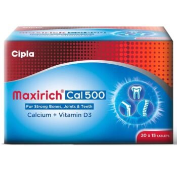 Cipla Maxirich Cal 500 45 Tablets with 500mg Calcium and Vitamin D3. Promotes Bone, Joint, and Teeth Strength. Conveniently Packed in 3 Strips of 15 Tablets Each.