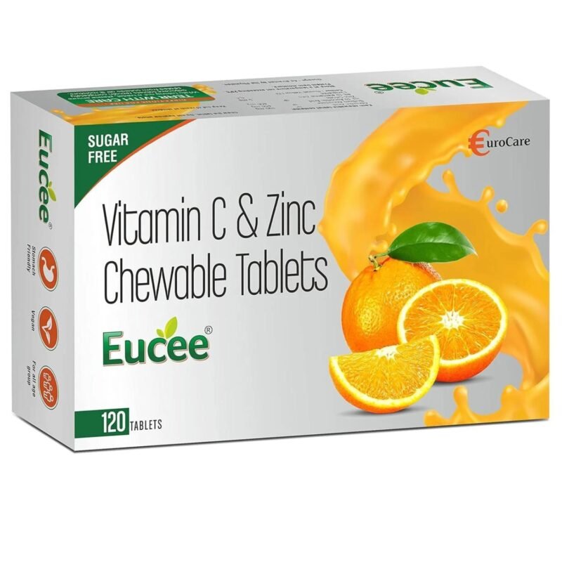 Eucee Vitamin C + Zinc – Sugar-Free Chewable Tablets with 120 Tablets for Immunity and Skin Health – Vegan Formula for Men, Women, and Kids (Orange Flavour)