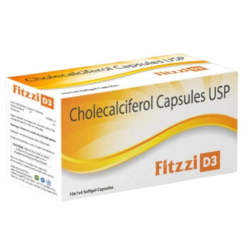 Fitzzi Vitamin D3 (60000 IU) Promotes Calcium Absorption, Bone Health, Muscle Strength, and Immunity. Comes in a Pack of 40 Vitamin D Softgel Capsules.