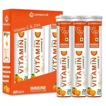 Grandeur Vitamin C Charge Immune Protection - 60 Effervescent Tablets with Natural Vitamin C and Zinc Orange Flavor Immunity Booster, Antioxidant, and Skin Radiance Enhancer