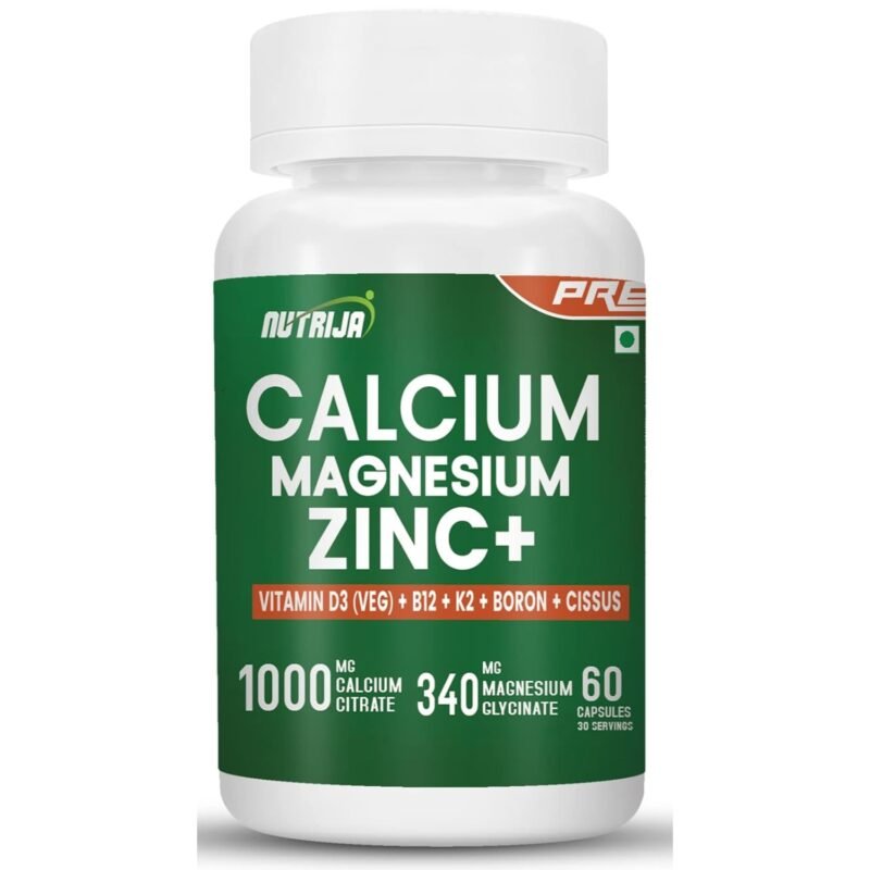 NutriJa Calcium Magnesium Zinc with Vitamin D3, Boron, K2 & B12 | Complete Bone Health & Joint Support Supplement for Men & Women (60 Capsules)
