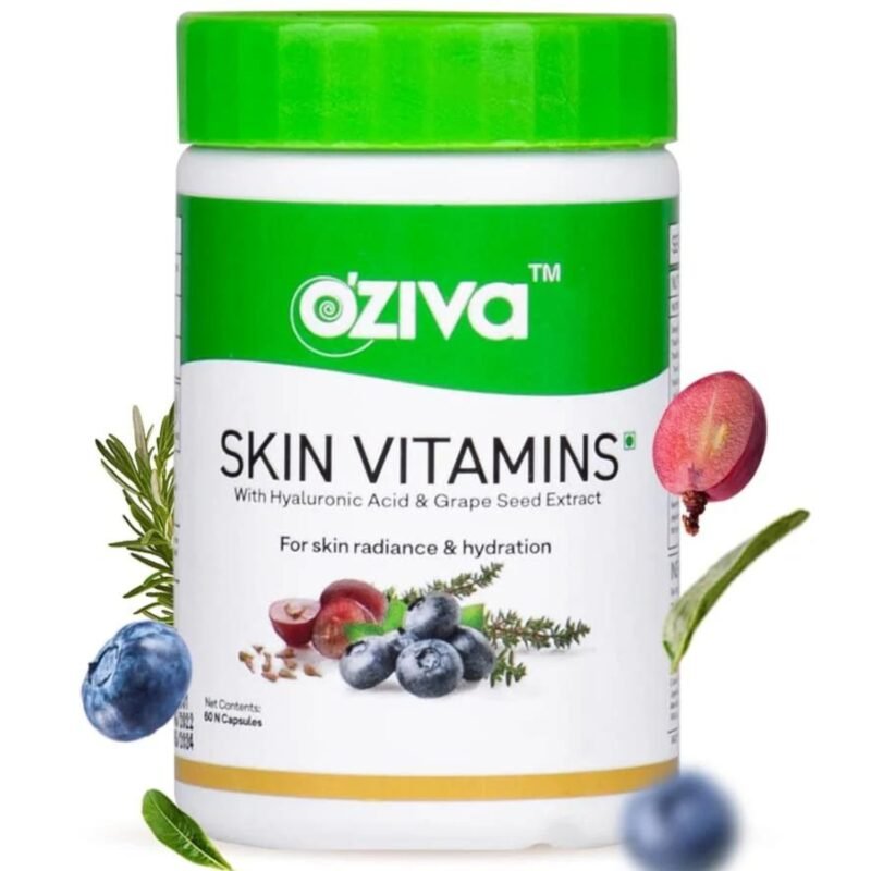OZiva Skin Vitamins 60 Capsules for Men & Women – Formulated with Hyaluronic Acid, Vitamin E & C for Radiant Skin & Hydration – Certified Clean & Vegan