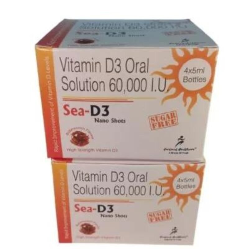 SEA D3 Nano Shots Vitamin D3 60000 I.U Sugar-Free Oral Solution. Each Box Contains 8 Shots of 5ml Each. Total 2 Boxes.