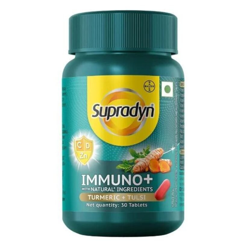 Supradyn Immuno + Multivitamin Your Natural Immunity Booster in a Single Tablet. Enriched with Vitamin C, Vitamin D, Zinc, and a Unique Blend of Tulsi, Turmeric, Shatavari, & Ashoka. Fortify Your Immune System with This Powerful Formula.