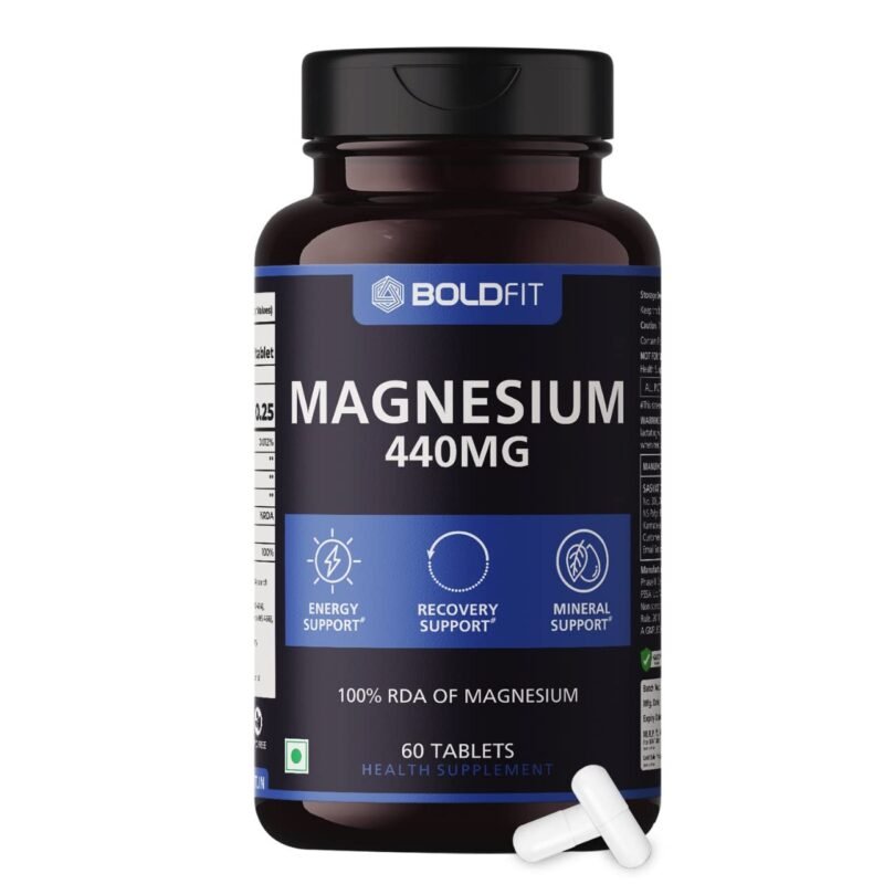 Boldfit Magnesium Supplements for Men & Women 440mg with Magnesium Oxide For Recovery Support, Relaxation & Energy Support - 100% RDA Of Magnesium - 60 Vegetarian Tablets, Brown