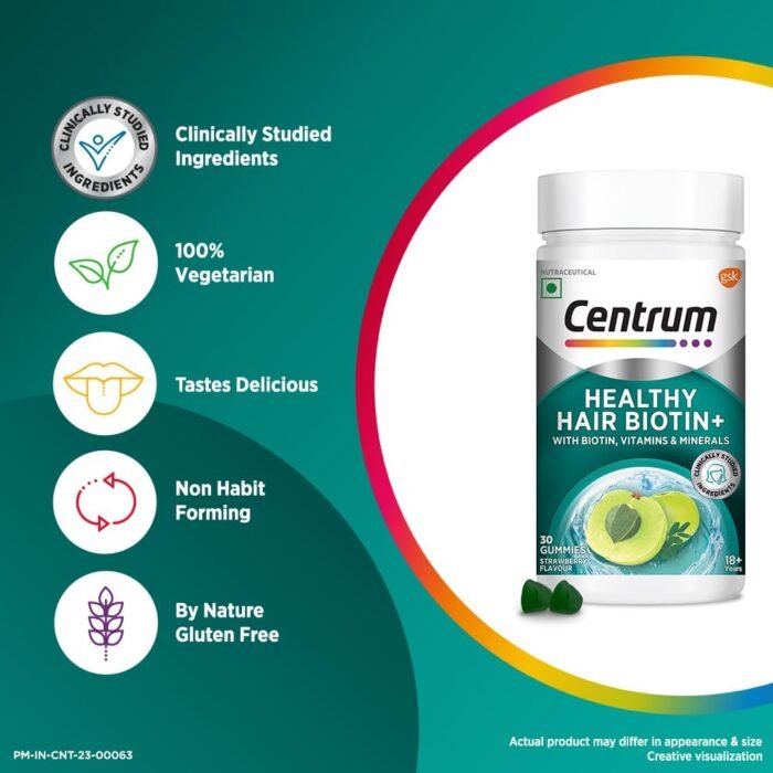 Centrum Healthy Hair Biotin+ 30 Gummies for Men & Women 100% RDA of Biotin, Amla, Vitamins & Minerals World's #1 Multivitamin Brand 100% Veg