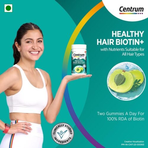 Centrum Healthy Hair Biotin+ 30 Gummies for Men & Women 100% RDA of Biotin, Amla, Vitamins & Minerals World's #1 Multivitamin Brand 100% Veg