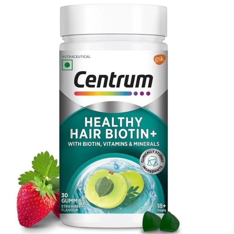 Centrum Healthy Hair Biotin+ 30 Gummies for Men & Women with 100% RDA of Biotin, Amla, Vitamins & Minerals. World's #1 Multivitamin Brand. 100% Veg.