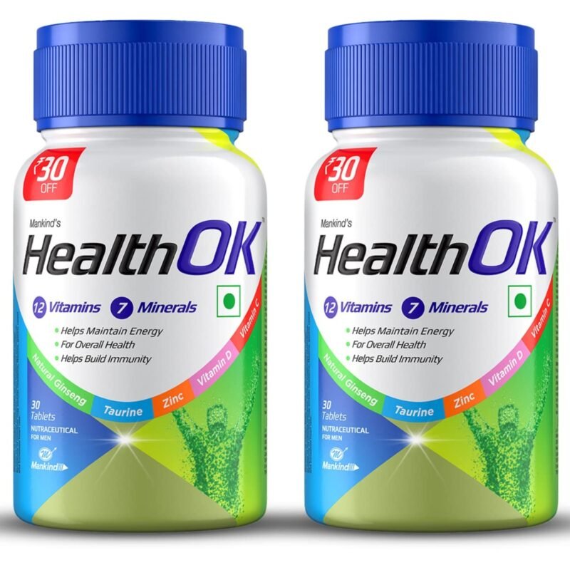 Health OK Multivitamin with Natural Ginseng, Taurine power, Daily Energy, alertness, Vitamin D, C & other 18 multivitamins minerals, for Overall Health, 30 Tablets (Veg) x Pack of 2