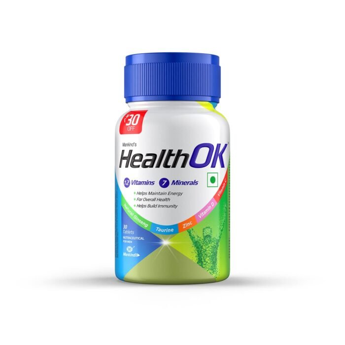 Health OK Multivitamin with Natural Ginseng, Taurine power, Daily Energy, alertness, Vitamin D, C & other 18 multivitamins minerals, for Overall Health, 30 Tablets (Veg) x Pack of 2