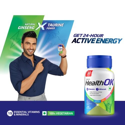 Health OK Multivitamin with Natural Ginseng, Taurine power, Daily Energy, alertness, Vitamin D, C & other 18 multivitamins minerals, for Overall Health, 30 Tablets (Veg) x Pack of 2