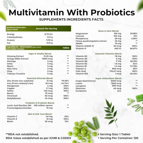 Health Veda Organics Multivitamin With Probiotics - 45 Ingredients Supplement For Men And Women Vitamin C, D, E, B3, B5, B12, Zinc, Magnesium, Giloy & Biotin Essential Vitamins & Minerals Blend Good For Bone & Joint