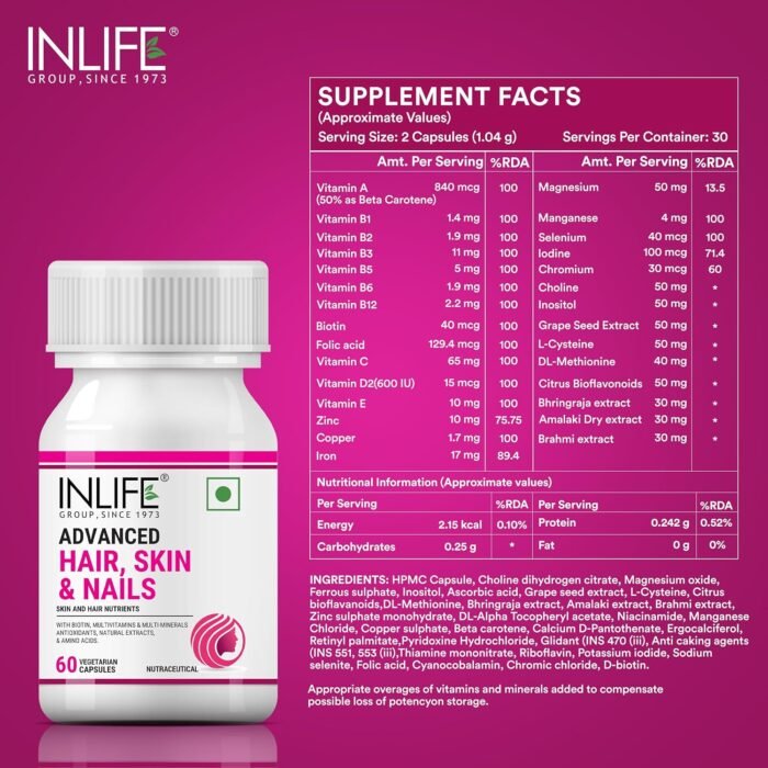 INLIFE Biotin Advanced Hair Skin & Nails Supplement with Multivitamin Minerals Amino Acids for Hair Care - 60 Capsules