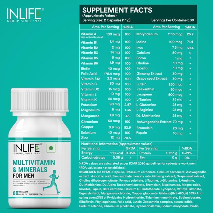 INLIFE Multivitamin for Men with Biotin Ginseng Ashwagandha Zinc Magnesium Vitamin D3 B12 & Minerals Amino Acids Antioxidants Daily Formula Supplement