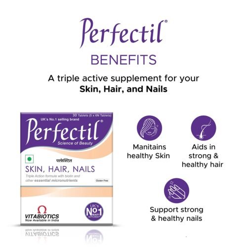 Perfectil 30 Tablets Triple Action Formula enriched with Biotin, Zinc, Grape Seed Extract for Healthy Skin, Hair, and Nails. Gluten-Free Vegetarian Tablets. (Pack of 3)