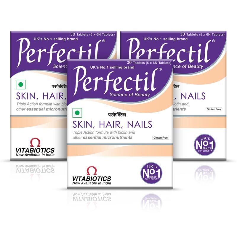 Perfectil 30 Tablets Triple Action Formula enriched with Biotin, Zinc, Grape Seed Extract for Healthy Skin, Hair, and Nails. Gluten-Free Vegetarian Tablets. (Pack of 3)