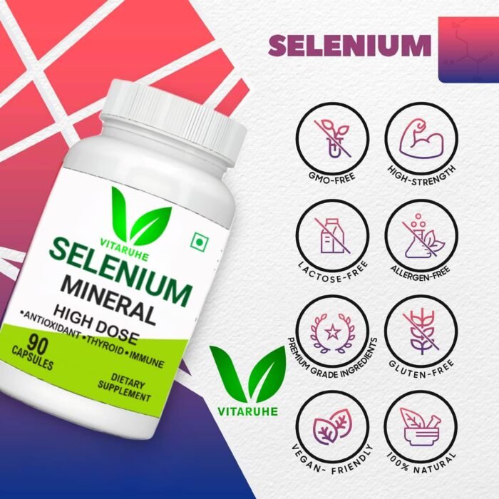 Vitaruhe® Selenium High Strength 90 Capsules Contributes to Normal Thyroid Function, Immune Function, Hair, Skin & Nails Essential Trace Mineral