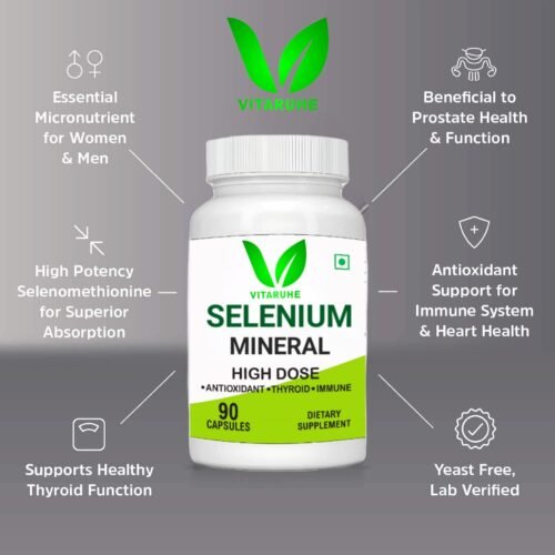 Vitaruhe® Selenium High Strength 90 Capsules Contributes to Normal Thyroid Function, Immune Function, Hair, Skin & Nails Essential Trace Mineral