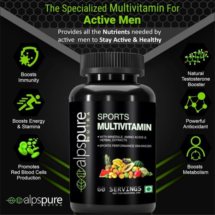 Alpspure Nutra Sports Multivitamin (60 Tablets), Sports Performance Enhancer with Minerals, Amino Acids and Herbal Extracts