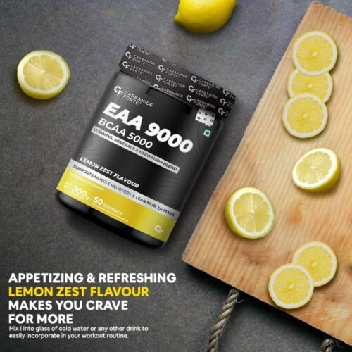 Carbamide Forte EAA 9000mg Supplement with BCAA 5000mg EAA Supplement for Men & Women with Hydration Blend & Vitamins - Lemon Zest Flavour - 50 Servings - 300g Powder