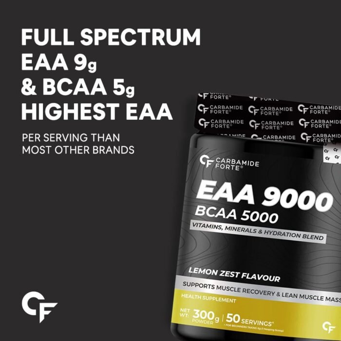 Carbamide Forte EAA 9000mg Supplement with BCAA 5000mg EAA Supplement for Men & Women with Hydration Blend & Vitamins - Lemon Zest Flavour - 50 Servings - 300g Powder