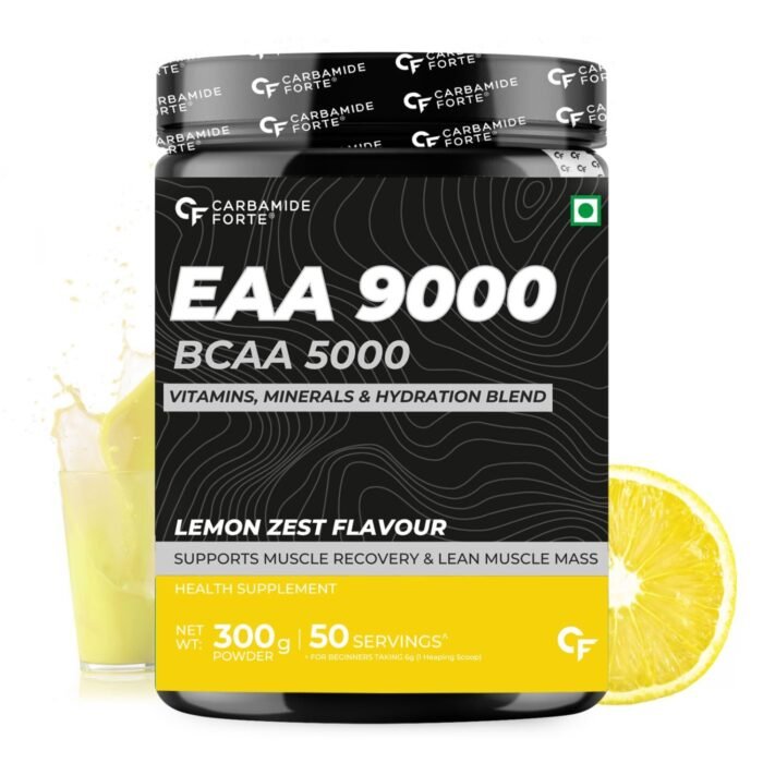 Carbamide Forte EAA 9000mg Supplement with BCAA 5000mg EAA Supplement for Men & Women with Hydration Blend & Vitamins - Lemon Zest Flavour - 50 Servings - 300g Powder