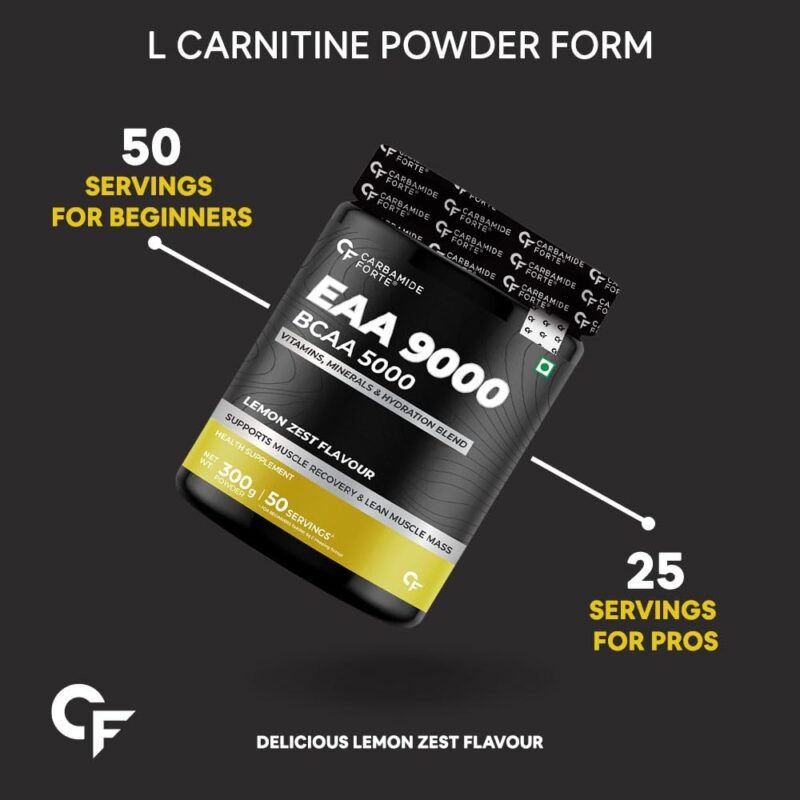 Carbamide Forte EAA 9000mg Supplement with BCAA 5000mg EAA Supplement for Men & Women with Hydration Blend & Vitamins - Lemon Zest Flavour - 50 Servings - 300g Powder