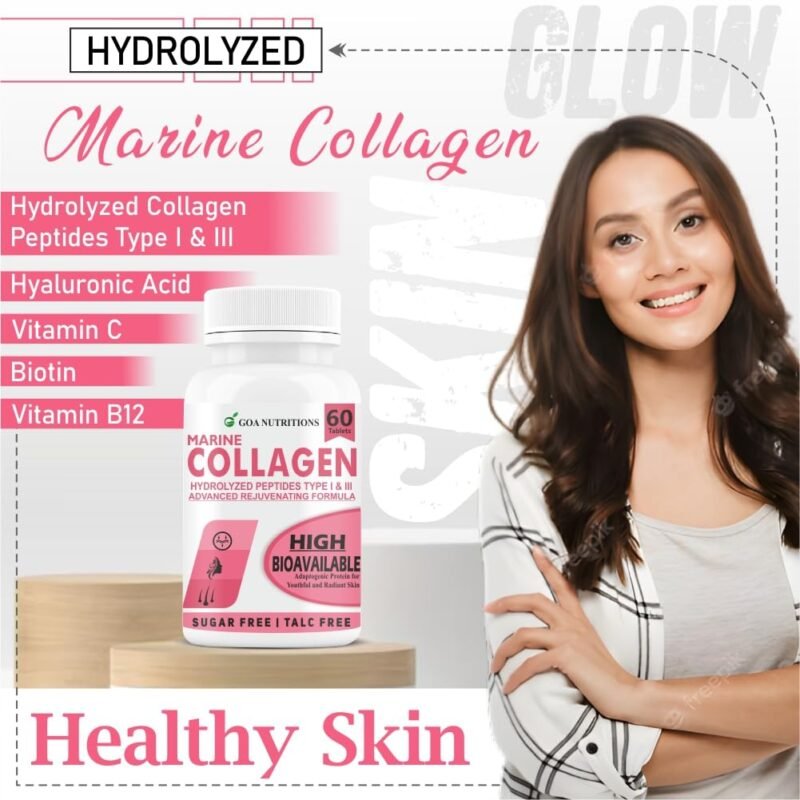 GOA NUTRITIONS Marine Collagen Powder for Skin, Hair Supplement for Men, Women with Hyaluronic Acid, Biotin & Vitamin C, B12 Supplements, Hydrolyzed Protein Peptide Builder -60 No Sugar Tablets