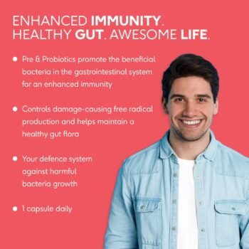 HealthKart HK Vitals Pre & Probiotics, Prebiotic and Probiotic Supplement, with 30 Billion CFU & 100mg Prebiotics, Improves Digestion & Immunity, Pack of 60 Probiotic Capsules