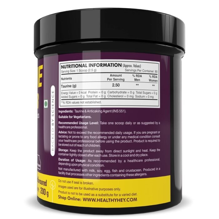 HealthyHey Sports Taurine Powder - Amino Acid Supplement - Improve Performance & Helps Recovery - 200 gram - 80 Servings