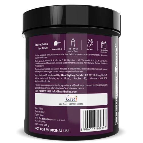 HealthyHey Sports Taurine Powder - Amino Acid Supplement - Improve Performance & Helps Recovery - 200 gram - 80 Servings