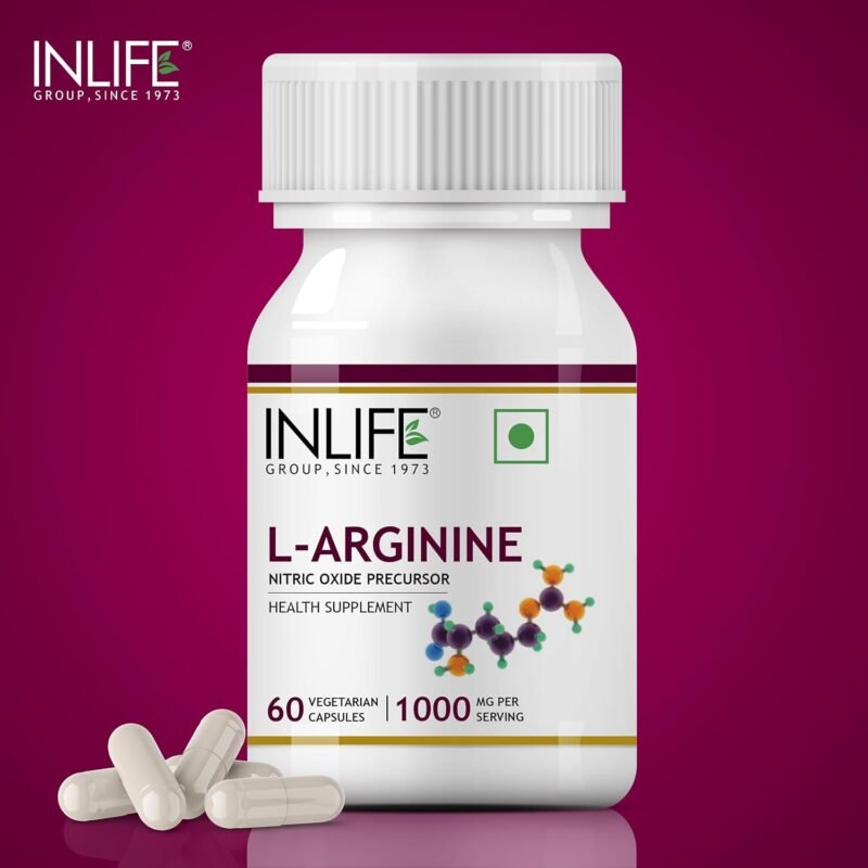 INLIFE L Arginine Capsules 1000mg Supplement, Nitric Oxide Precursor for Performance, Recovery, Overall Wellness - 60 Vegetarian Capsules