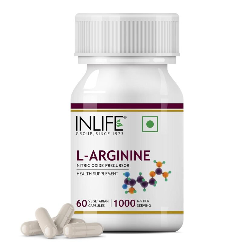 INLIFE L Arginine Capsules 1000mg Supplement, Nitric Oxide Precursor for Performance, Recovery, Overall Wellness - 60 Vegetarian Capsules