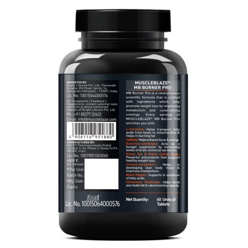 MuscleBlaze MB-Burner PRO, L- Carnitine, Garcinia Cambogia, Caffeine, Green Tea, Green Coffee Bean, Coleus Forskohlii, Black Pepper Extract with Chromium