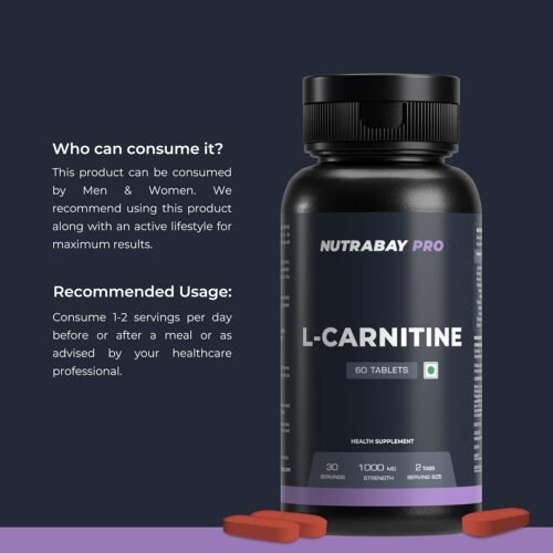 Nutrabay Pro L-Carnitine Fat Burner, Pre Workout Supplement, 1000mg - 60 Veg Tablets