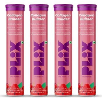 PLIX - THE PLANT FIX Collagen Builder Bubbly Effervescent - 15 Tablets (Pack of 4, Watermelon) for Hydrated Skin & Anti-Aging Amino Acid Blend For Collagen Production Vitamin C & E 100% Vegan