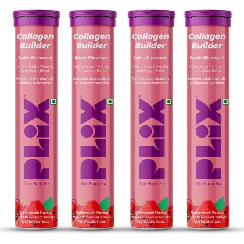 PLIX - THE PLANT FIX Collagen Builder Bubbly Effervescent - 15 Tablets (Pack of 4, Watermelon) for Hydrated Skin & Anti-Aging Amino Acid Blend For Collagen Production Vitamin C & E 100% Vegan