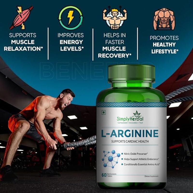 Simply Herbal L-Arginine Supplement 500 mg Pre- Post Workout For Men Women, Support Bone Muscle Building Amino Acid, Strength, Performance & Energy