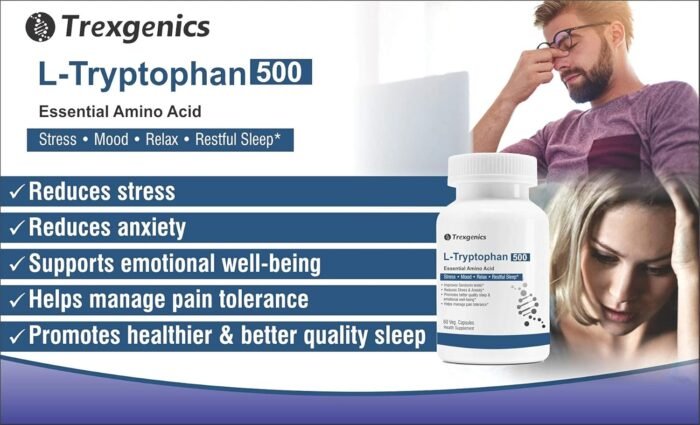 Trexgenics L-TRYPTOPHAN 500mg Essential amino acid, Stress, Mood, Relax, Restful Sleep Support (60 Vcaps) (1)